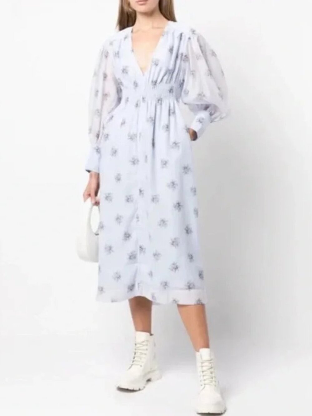 NWT GANNI Floral Smocked Midi Dress | Balloon Sleeves, V-Neck | Cottagecore - Picture 2 of 8